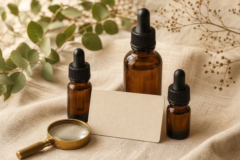 Amber CBD oil bottles in different sizes beside a blank label card and a brass loupe on cream linen