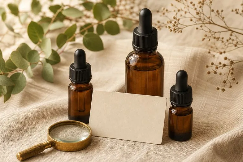 Amber CBD oil bottles in different sizes beside a blank label card and a brass loupe on cream linen