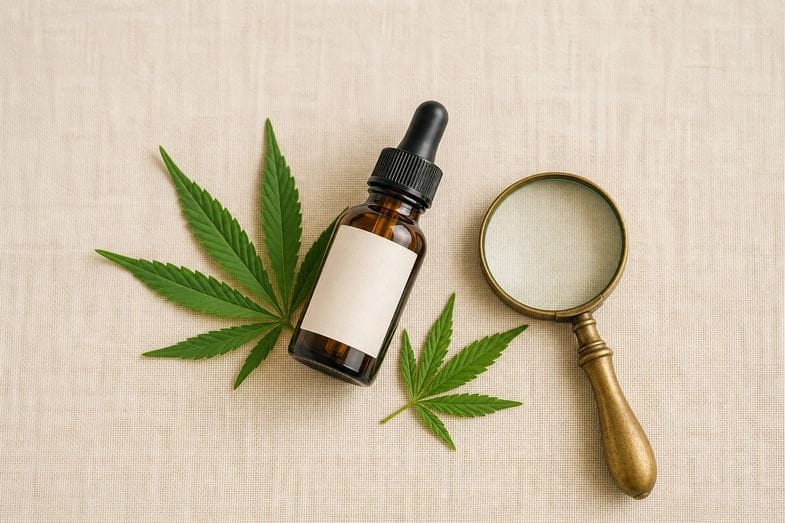 Amber CBD oil bottle showing a blank front label beside a brass loupe on cream linen