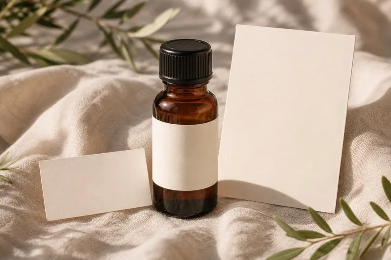 A CBD oil bottle beside a blank label and a blank checklist sheet on cream linen