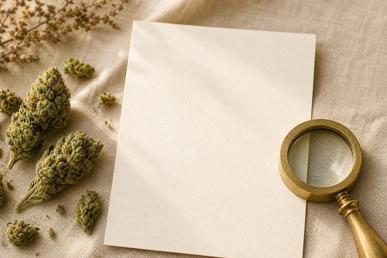 Hemp flower buds beside a blank batch document and a brass loupe on cream linen