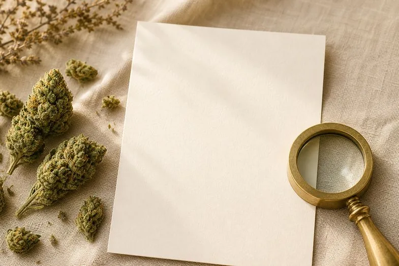 Hemp flower buds beside a blank batch document and a brass loupe on cream linen