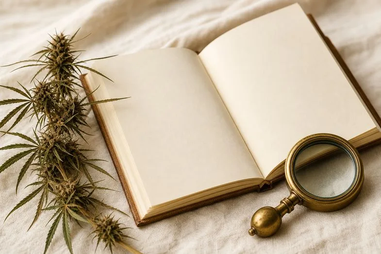 cbd-research-history-detail An open blank notebook beside a dried hemp sprig and a brass loupe on cream linen