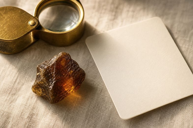 cbd-resin-detail An amber-brown hemp resin piece beside a brass loupe and a blank product card on cream linen