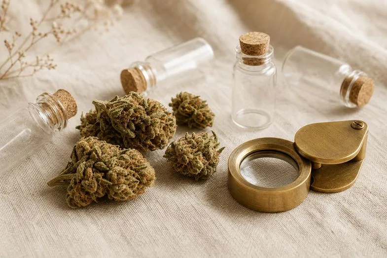 hemp-aroma-compounds-detail A few hemp flower buds beside small empty glass aroma vials and a brass loupe on cream linen