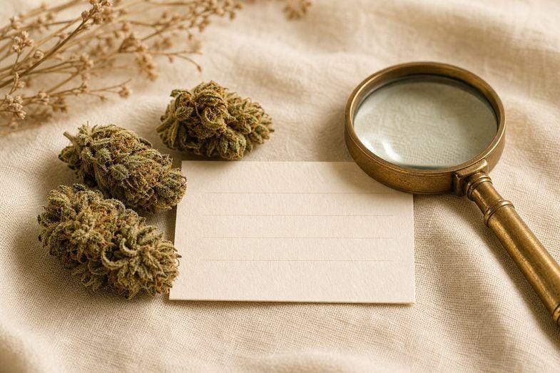 A few hemp flower buds beside a blank row-ruled card and a brass loupe on cream linen