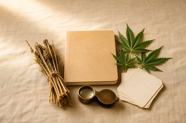 Three hemp sprigs with slightly different leaf shapes beside blank cards and a brass loupe on cream linen