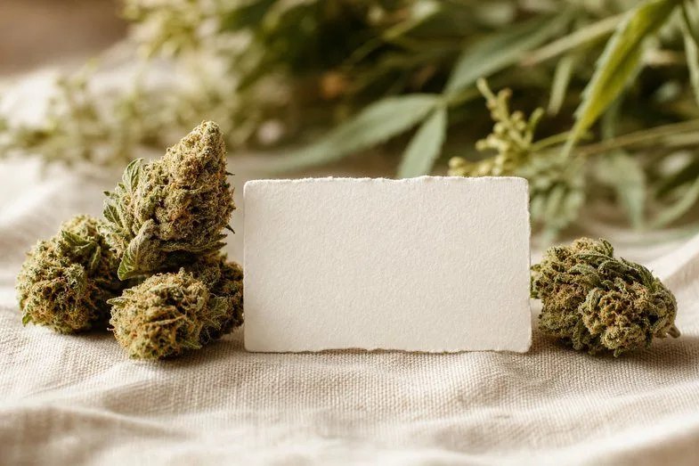 Hemp flower buds beside a blank product label on cream linen