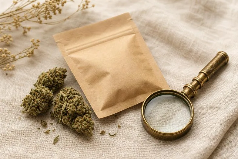 A few hemp flower buds beside a sealed blank paper package and a brass loupe on cream linen