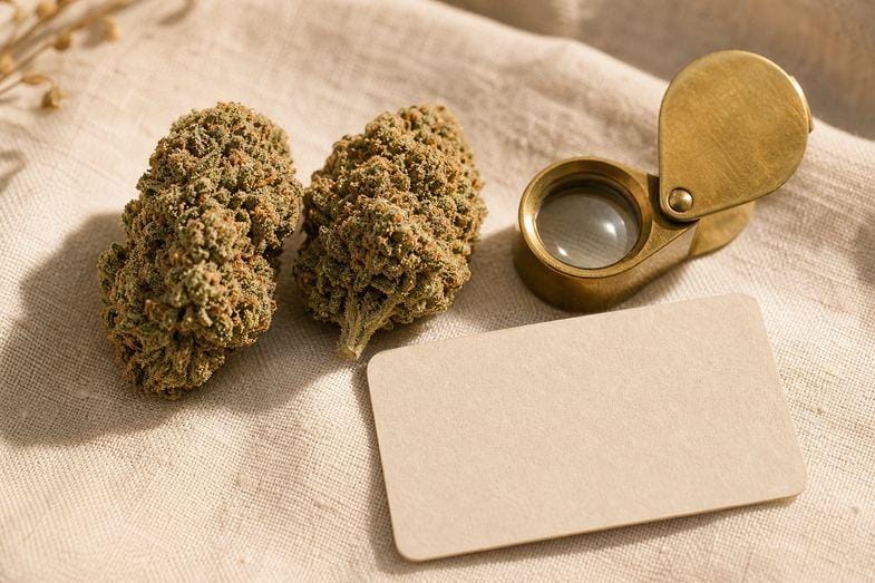 Two hemp flower buds beside a brass loupe and a blank product card on cream linen