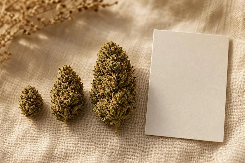 Three hemp flower buds of different sizes in a row beside a blank product card on cream linen