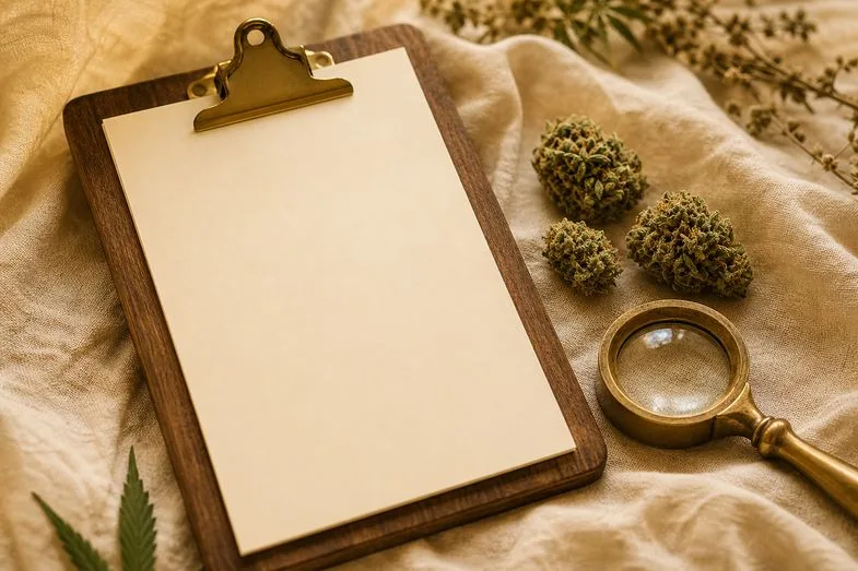 hemp-flower-selection-checklist-detail A clipboard with a blank checklist beside hemp buds and a brass loupe on cream linen