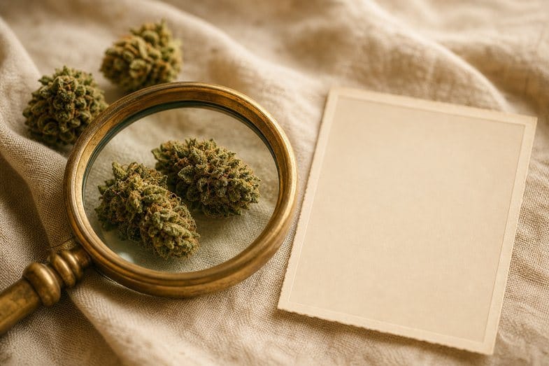 Hemp buds examined under a brass loupe beside a blank photo print on warm cream linen, a visual check scene