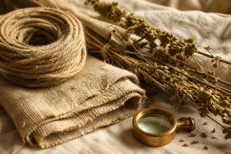 Coil of hemp rope and woven canvas beside dried hemp stalks and a brass loupe on cream linen