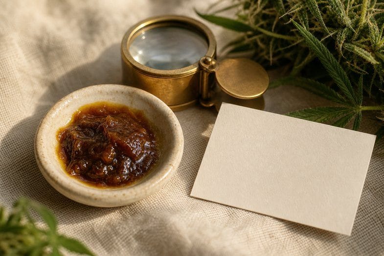 A small dish of thick amber hemp extract beside a brass loupe and a blank product card on cream linen