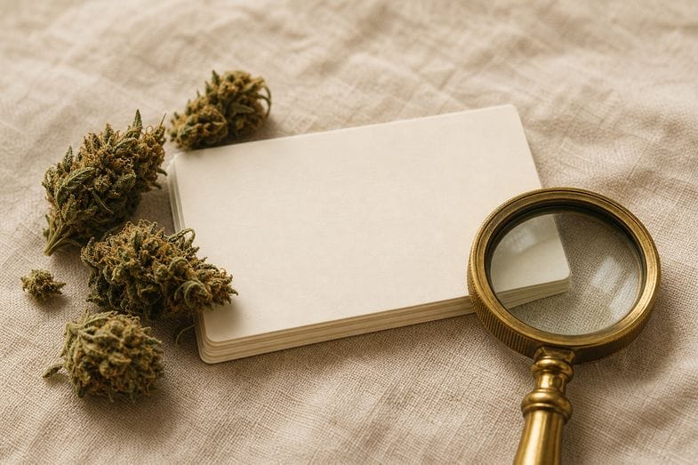 A closed amber CBD oil bottle with a blank pale label and a brass loupe resting on cream linen