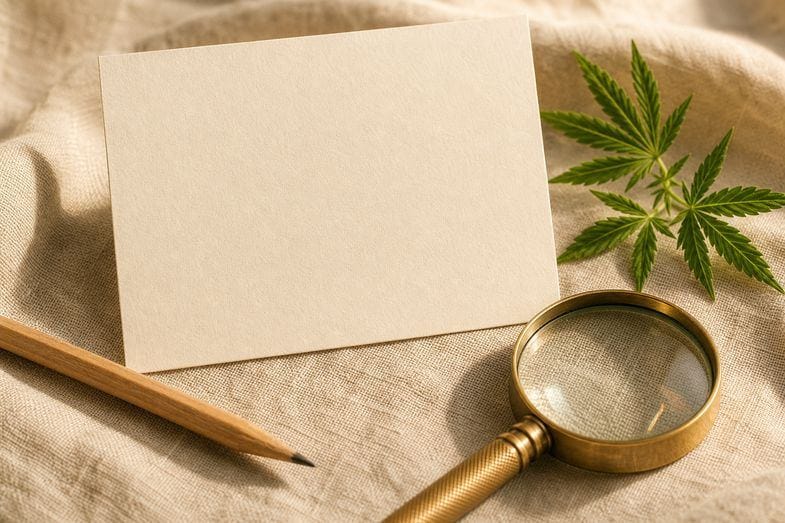 A blank product card, a pencil and a brass magnifier beside a hemp sprig on cream linen