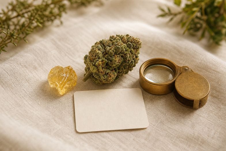hemp-product-page-checklist-detail A hemp flower bud and a small extract piece beside a brass loupe and a blank checklist card on cream linen