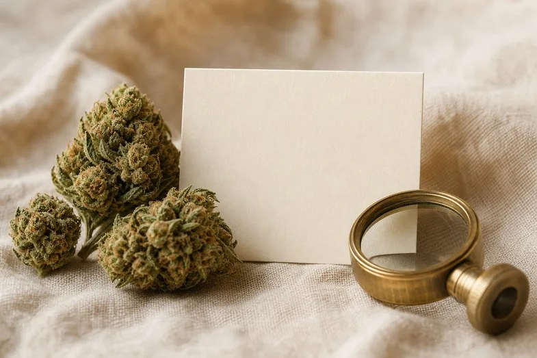Hemp flower buds beside a blank product page card and a brass loupe on cream linen