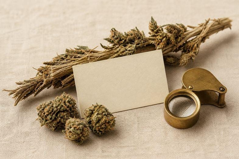 Hemp flower buds and a hemp stalk beside a blank glossary card and a brass loupe on cream linen