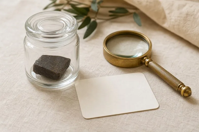 A brown piece of CBD hash in a small closed glass jar beside a brass loupe and a blank product card on cream linen