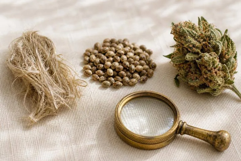 Hemp fibre, hemp seed and a hemp flower bud arranged in separate groups beside a brass loupe on cream linen