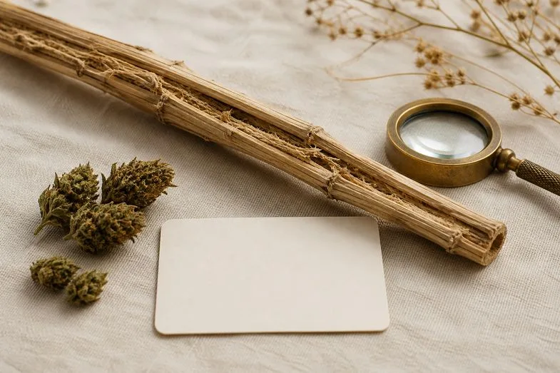 A dried hemp stalk and a few hemp flower buds beside a blank index card and a brass loupe on cream linen