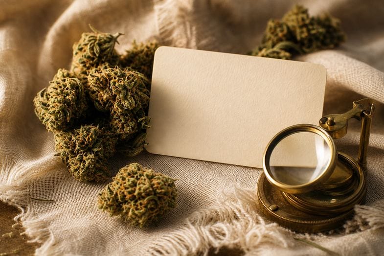 Several hemp flower buds beside a blank registration card and a brass loupe on cream linen