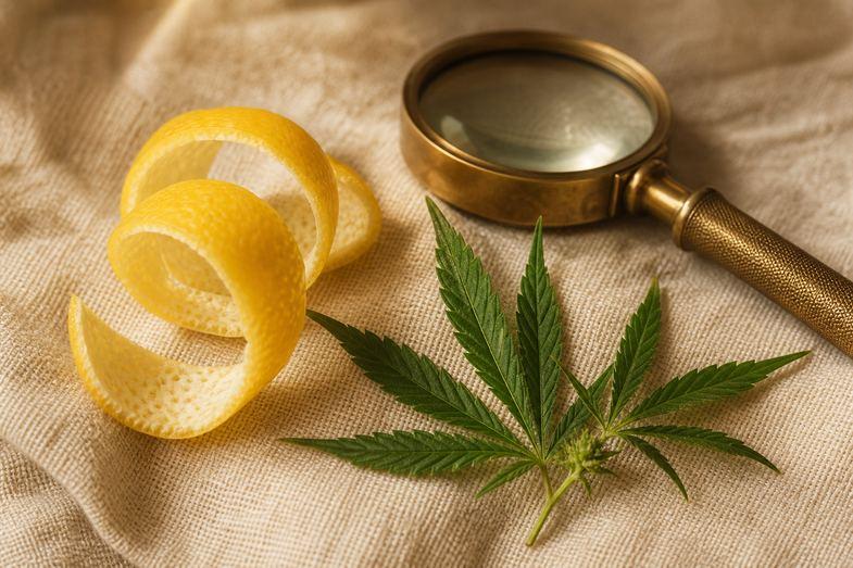 limonene-terpene-guide-detail A curl of lemon peel and a hemp sprig beside a brass loupe on cream linen