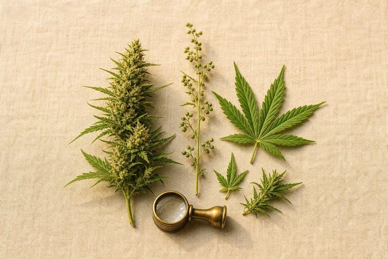 Botanical study of male and female hemp plant parts with hemp leaves and a brass loupe on cream linen
