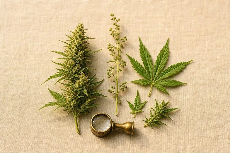 male-and-female-hemp-plants-detail Botanical study of male and female hemp plant parts with hemp leaves and a brass loupe on cream linen