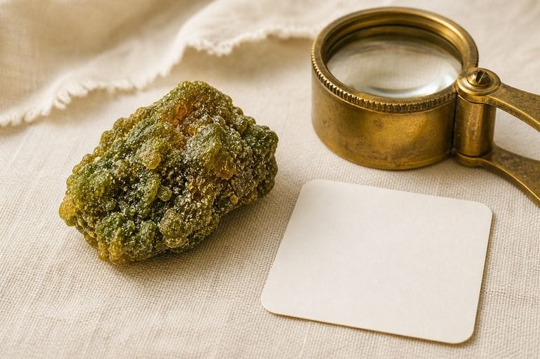 moonrock-weed-history-detail A craggy dusted piece of CBD moonrock extract beside a brass loupe and a blank product card on cream linen