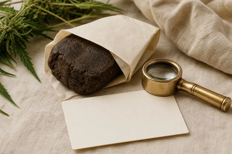 old-cannabis-and-old-hash-detail A wrapped piece of CBD hash beside a brass loupe and a blank product card on cream linen