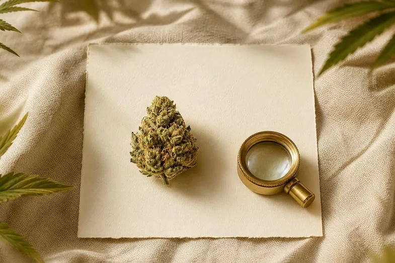 regulation-sale-cbd-austria-detail A hemp flower bud beside a blank document sheet and a brass loupe on cream linen