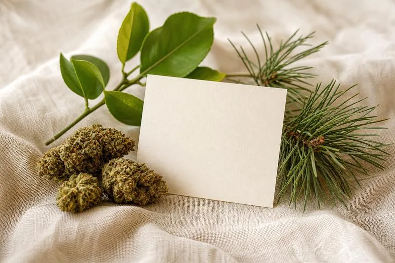 Hemp flower buds beside a blank glossary card and sprigs of citrus and pine on cream linen