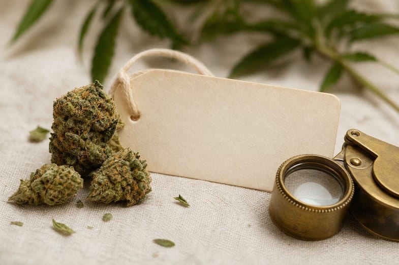 A few hemp flower buds beside a blank product label and a brass loupe on cream linen