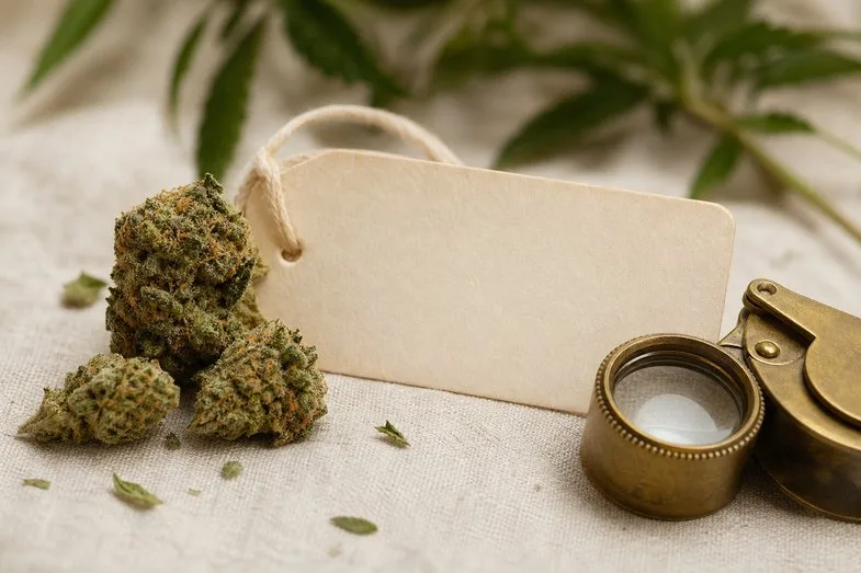 A few hemp flower buds beside a blank product label and a brass loupe on cream linen
