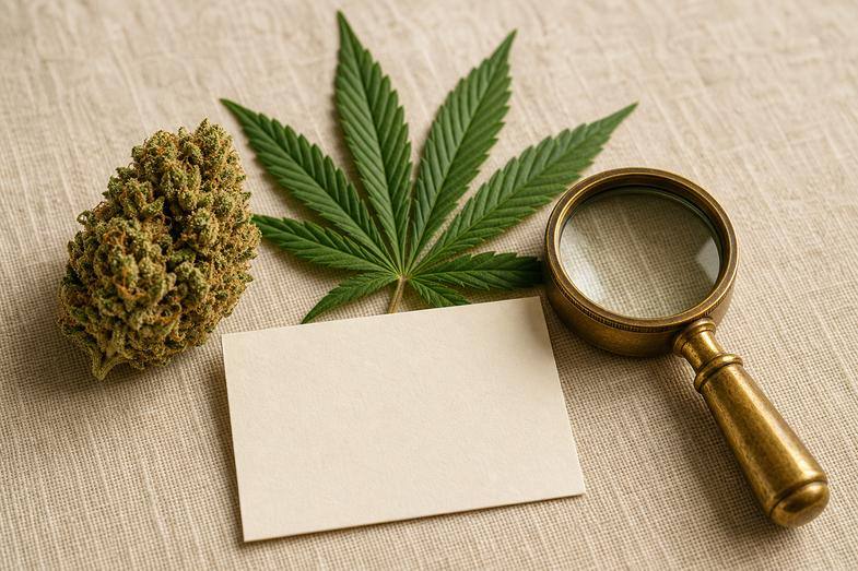 A hemp flower bud and a hemp leaf beside a brass loupe and a blank botanical card on cream linen