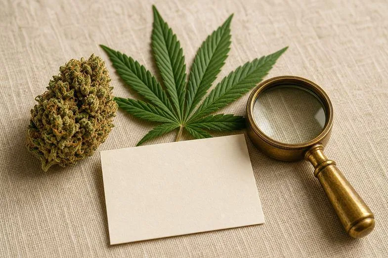the-different-cannabaceous-plants-detail A hemp flower bud and a hemp leaf beside a brass loupe and a blank botanical card on cream linen