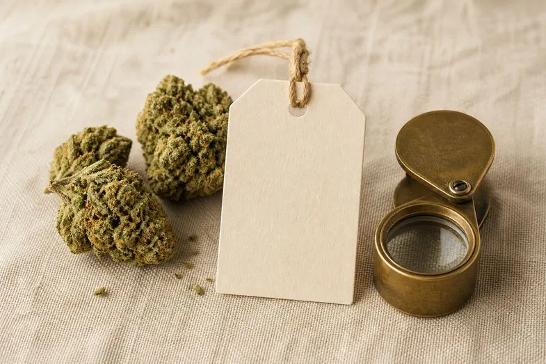 Hemp flower buds beside a blank product label and a brass loupe on cream linen