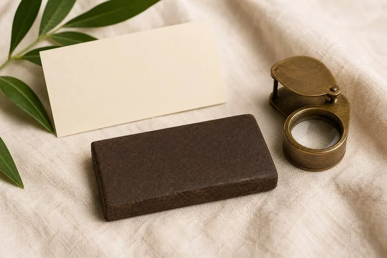 A translucent amber shard of CBD shatter beside a brass loupe and a blank product card on cream linen
