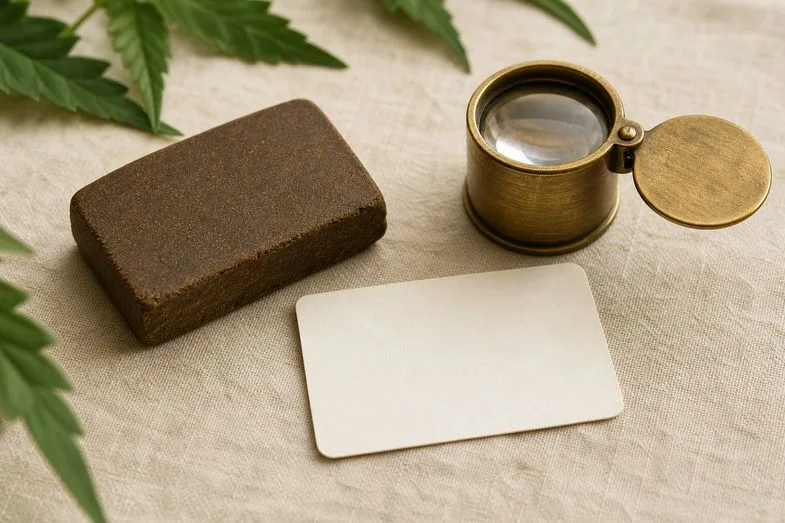 what-cbd-hashish-looks-like-detail A pressed block of CBD hash beside a brass loupe and a blank product card on cream linen