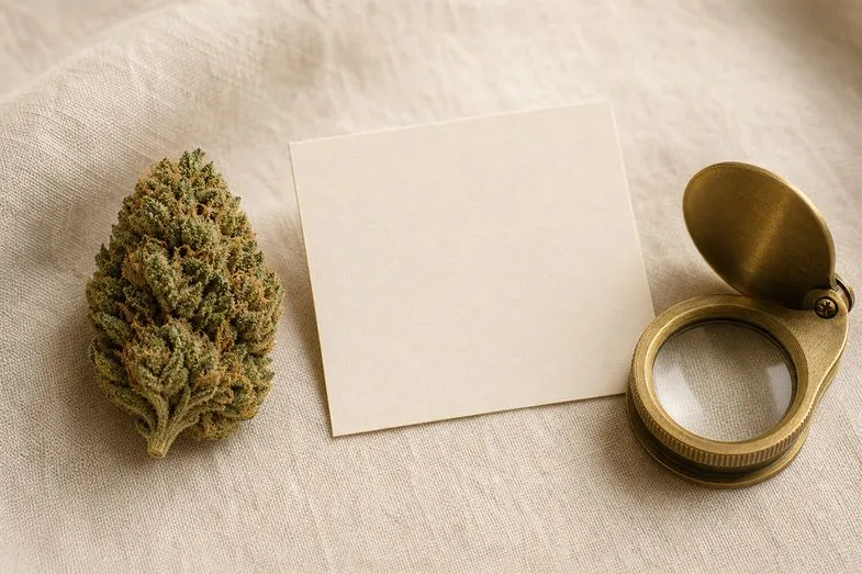 A hemp flower bud beside a blank sheet and a blank glossary card on cream linen