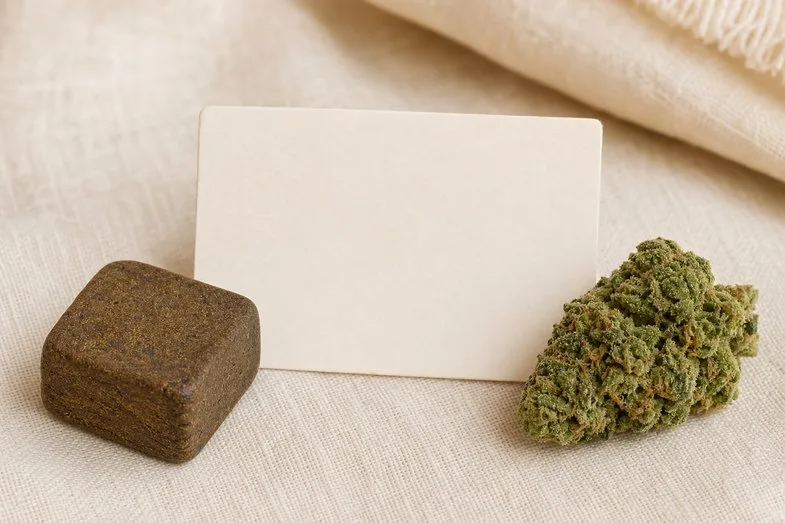 A pressed resin block and a hemp flower bud beside a blank glossary card on cream linen