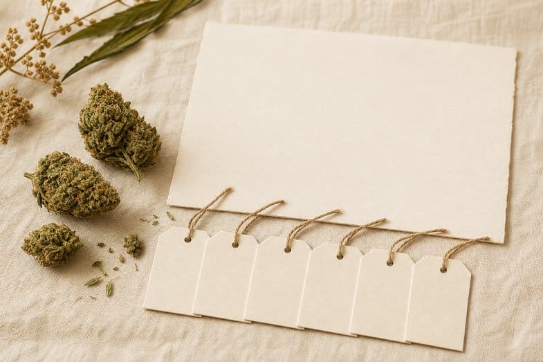 cannabinoid-abbreviation-guide-documents Hemp flower buds beside a blank certificate sheet and a row of blank paper name tags on cream linen