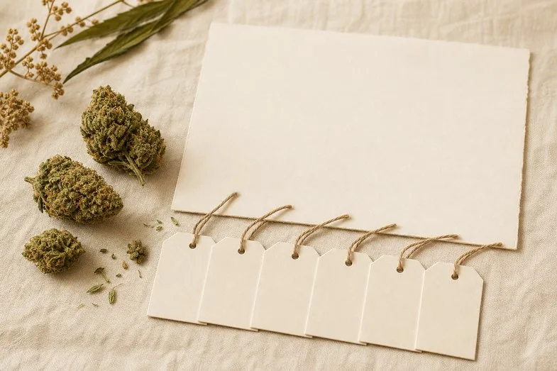 cannabinoid-abbreviation-guide-documents Hemp flower buds beside a blank certificate sheet and a row of blank paper name tags on cream linen