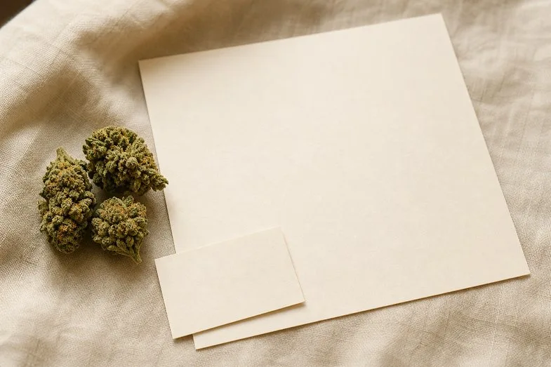Hemp flower buds beside a blank certificate sheet and a blank label on cream linen