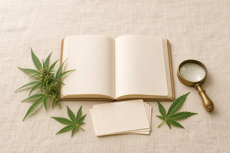 cannabis-culture-glossary-documents Open blank notebook beside a hemp sprig, index cards and a brass loupe on cream linen