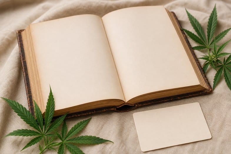 An open antique book beside a blank index card and hemp leaves on cream linen