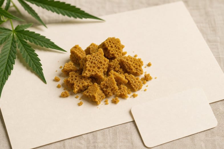 A small piece of dry, crumbly CBD extract beside a blank certificate sheet and a blank batch card on cream linen